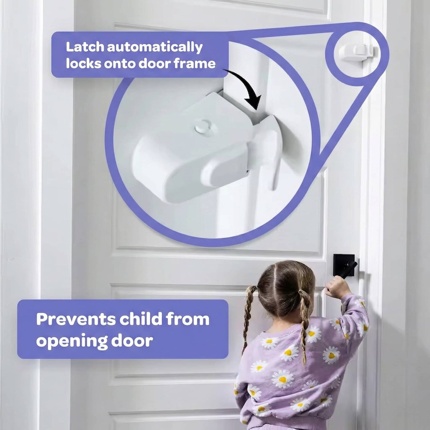 Child using a door lock mechanism on a white door with text indicating its features.