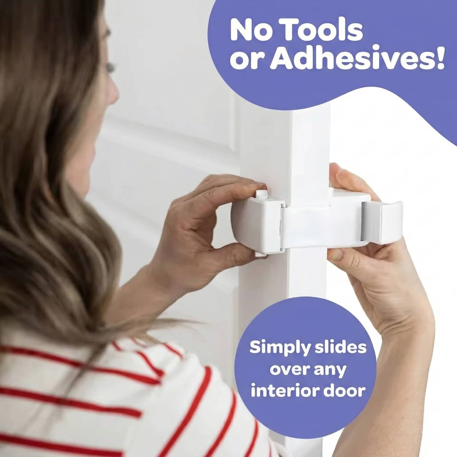 Person installing a white door handle without tools or adhesives, with text on a blue background.