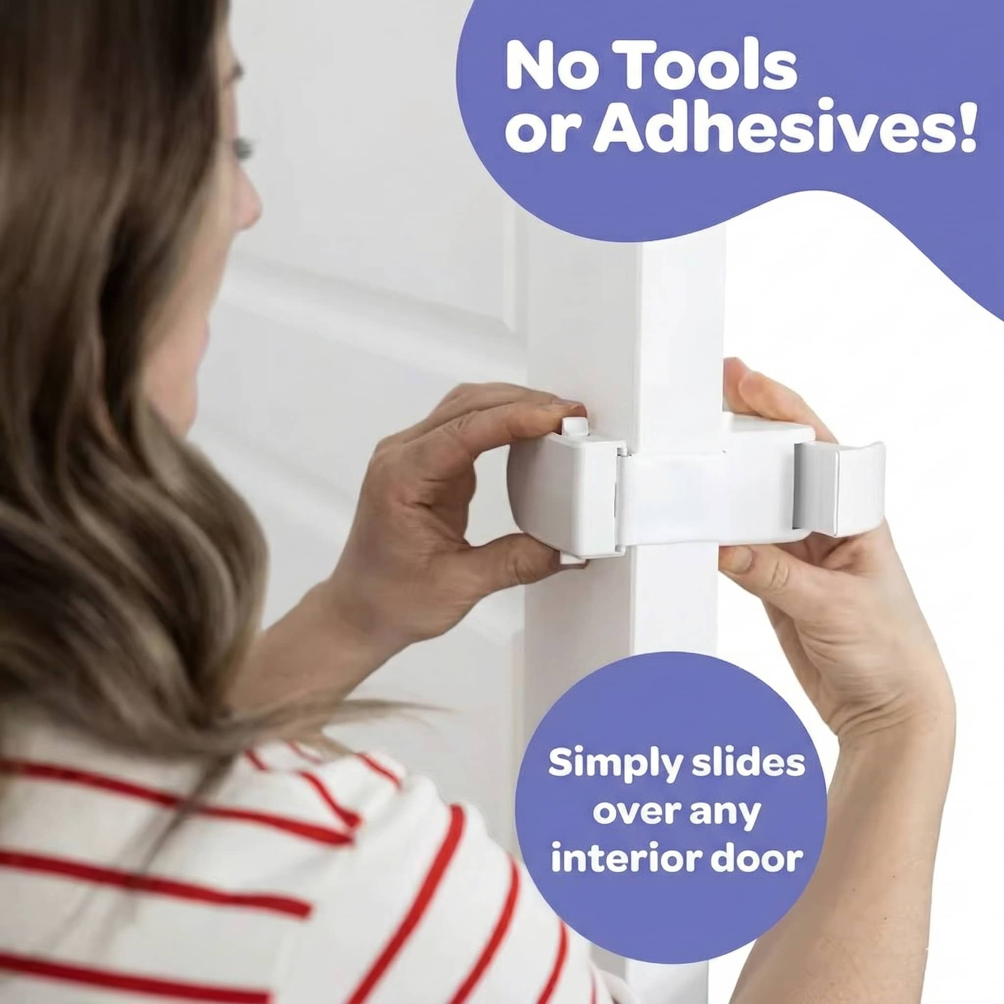 Person installing a white door handle without tools or adhesives, with text on a blue background.